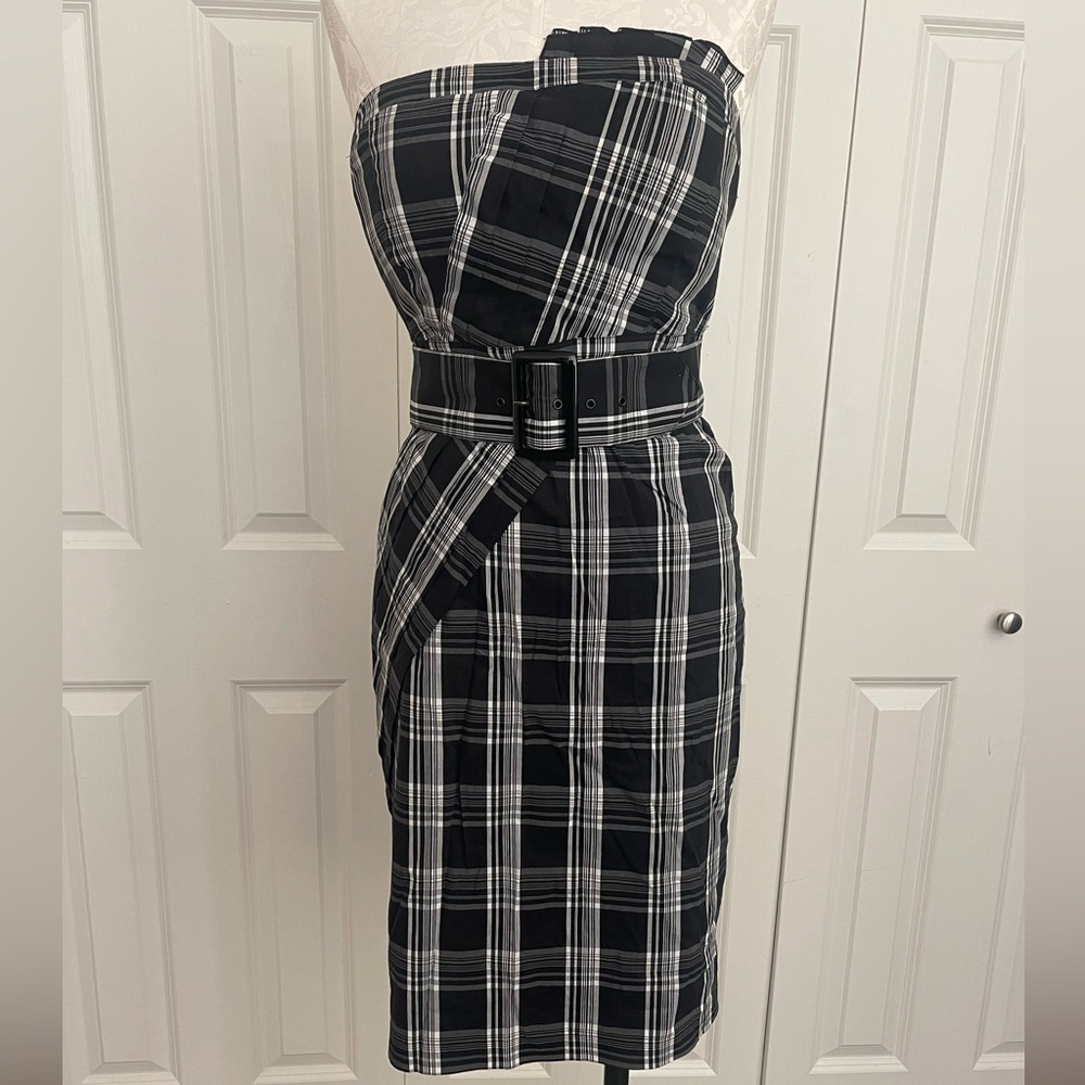 BCBG Black & White Plaid Belted Womens Dress